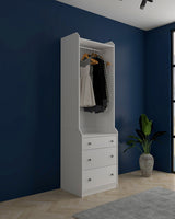 KUDL 3-Drawer Open Wardrobe, Modern Bedroom Storage Cupboard with Hanging Rail, Safety Wall Fixing in White