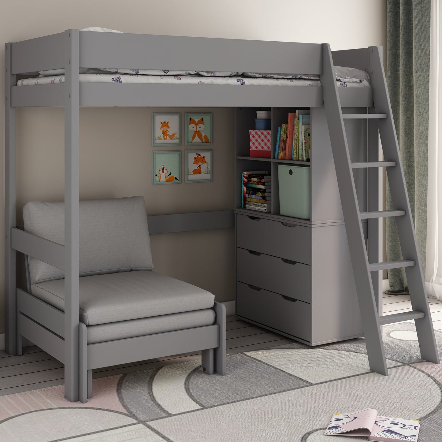 Loft Bed 2 Bed Featuring Storage and Sofa-Bed Kids Avenue Estella Grey