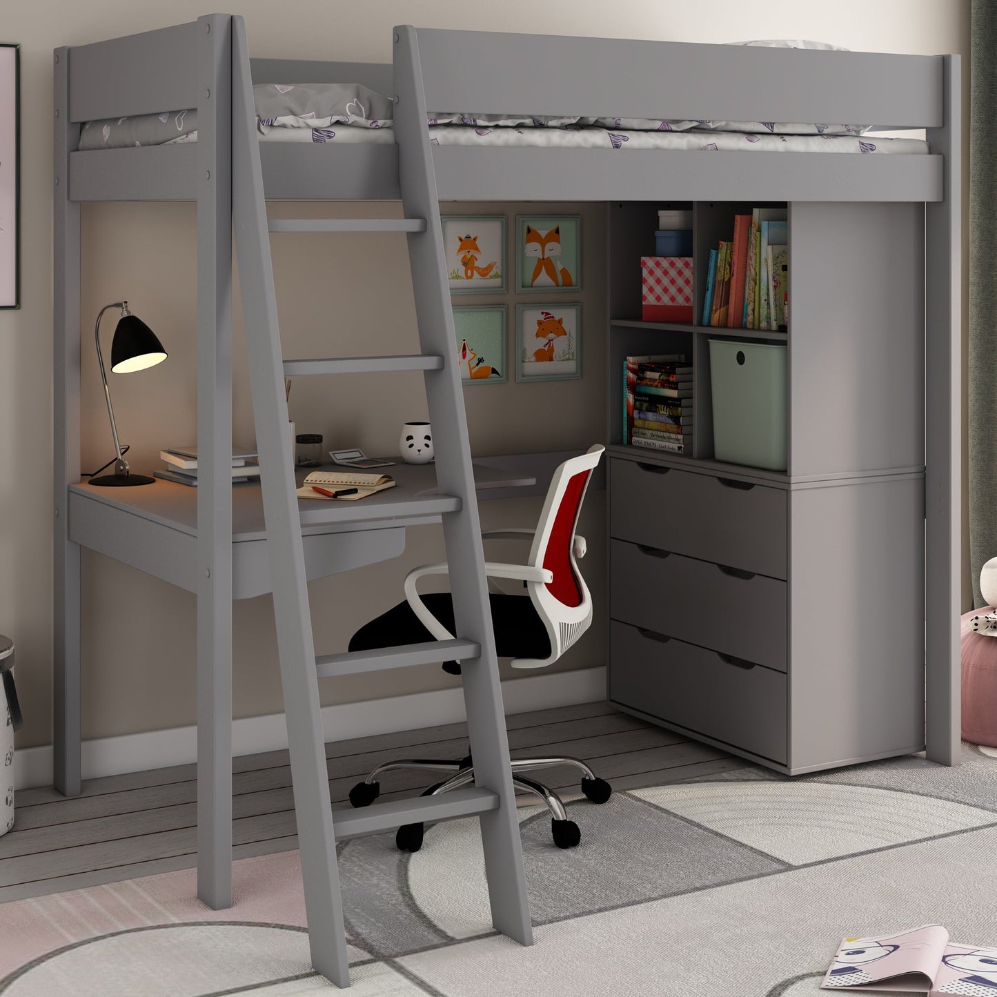 Loft Bed 3 Bed Featuring Storage and Desk Kids Avenue Estella Grey