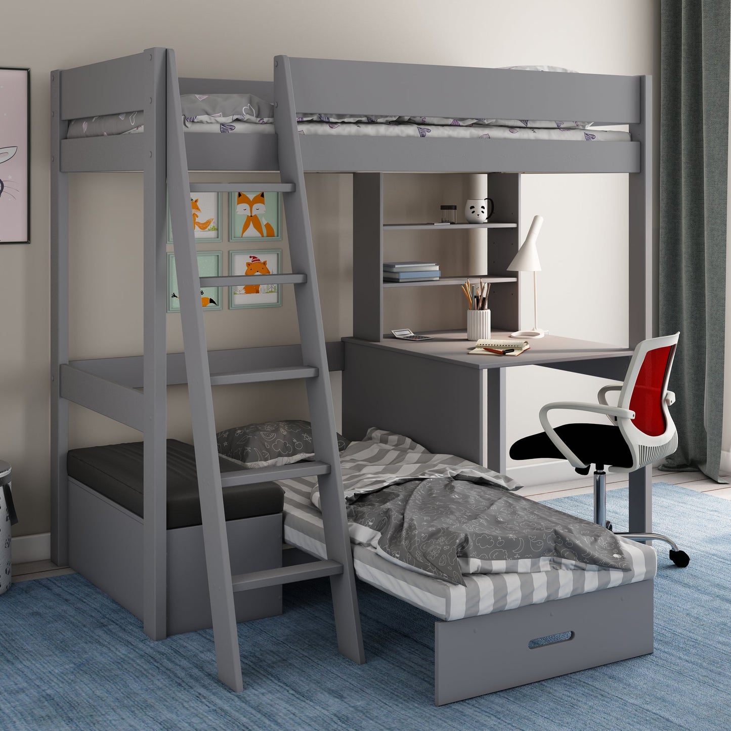 Loft Bed Bed Featuring Desk, Shelf and Corner Sofa-Bed Kids Avenue Estella Grey