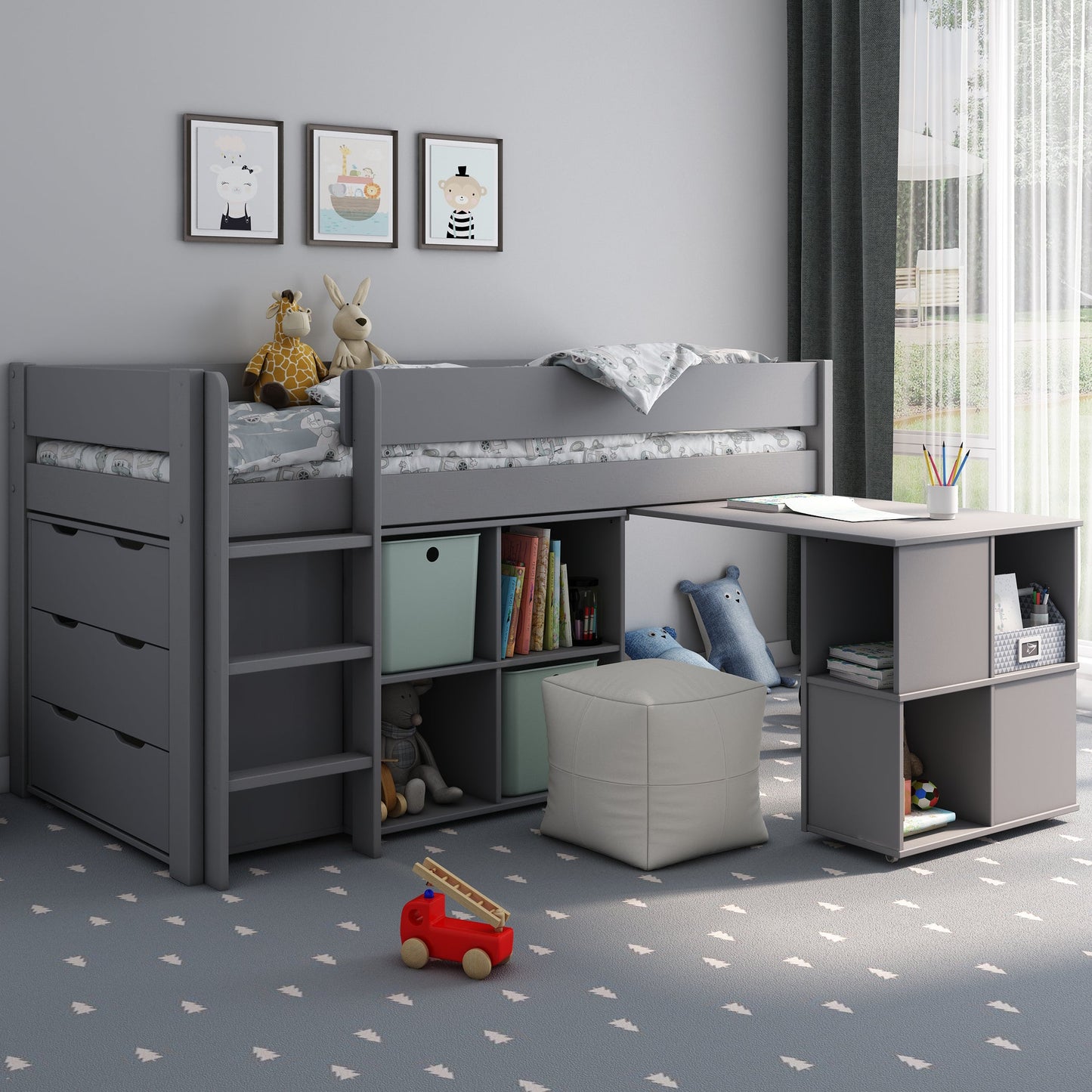 Mid Sleeper Bed Featuring Shelves, Drawers and Pull Out Desk Kids Avenue Estella Grey