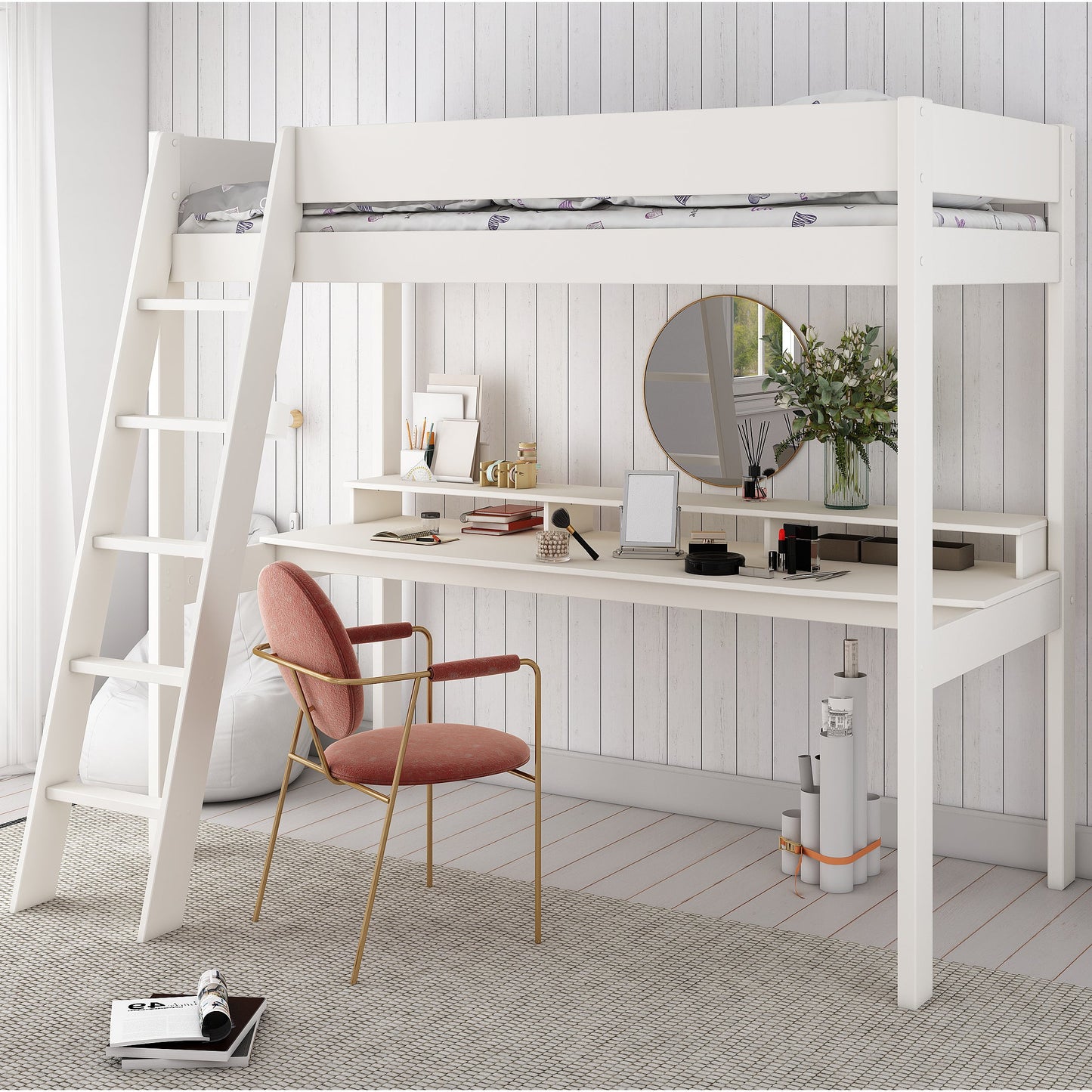 Loft Bed Bed Featuring 2M Wide Desk and Shelf - Kids Avenue Estella White