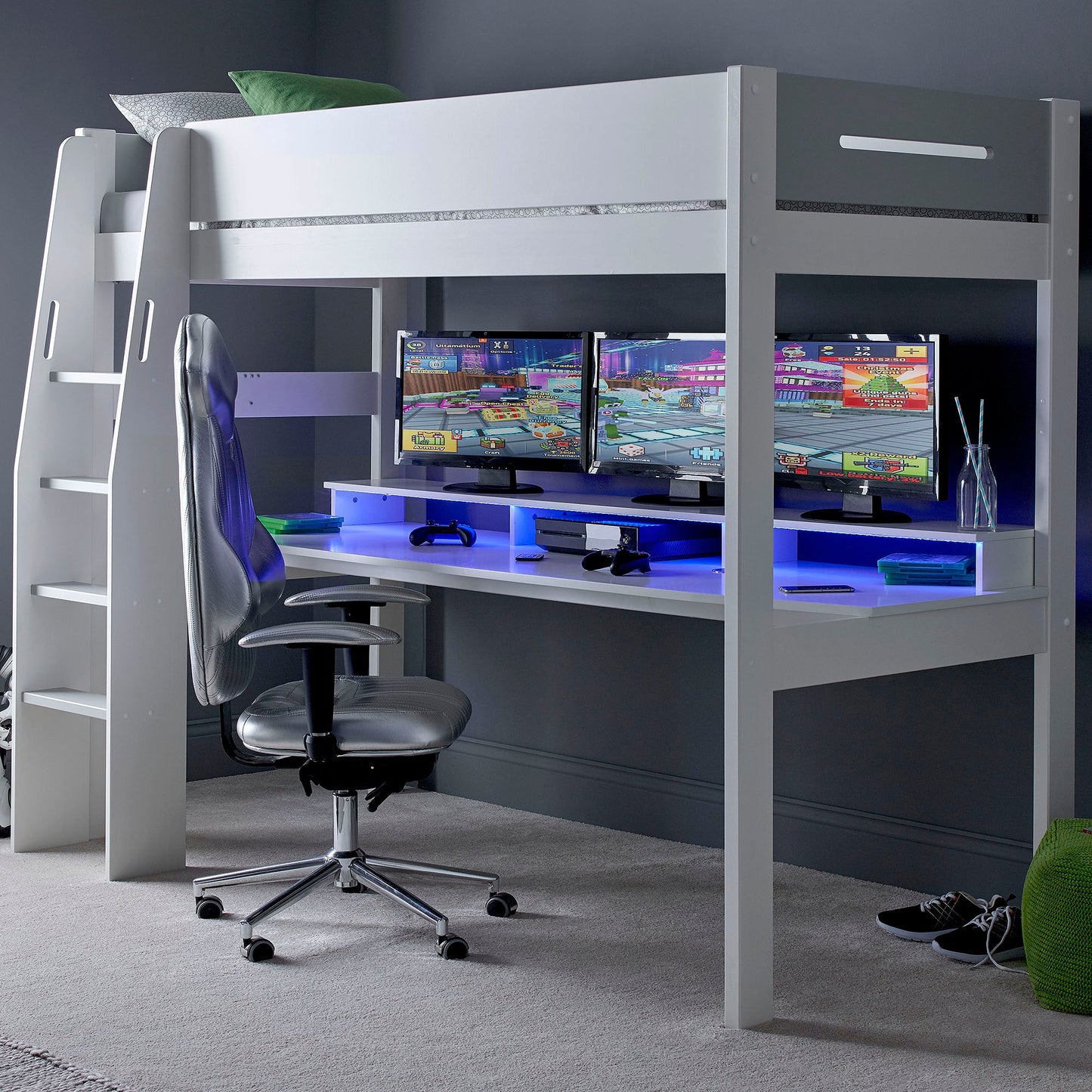 Kids Avenue Urban Loft Bed Console Gaming Bed Featuring Integrated Gaming Desk