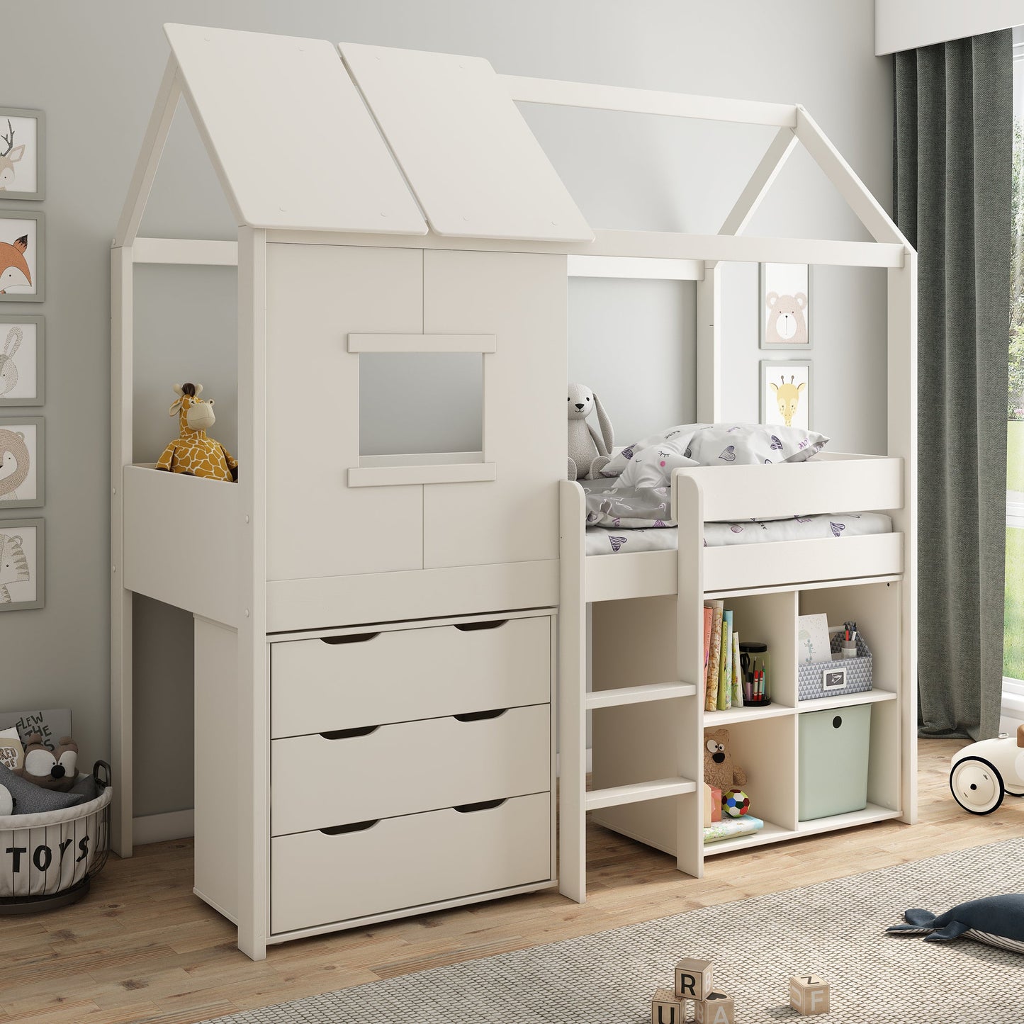 Mid-Height Playhouse Bed Featuring Storage Cube and Chest of Drawers - Kids Avenue