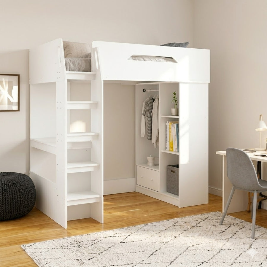 Kids White High Sleeper Bed with Desk & Storage - Kidsaw Loft Bed