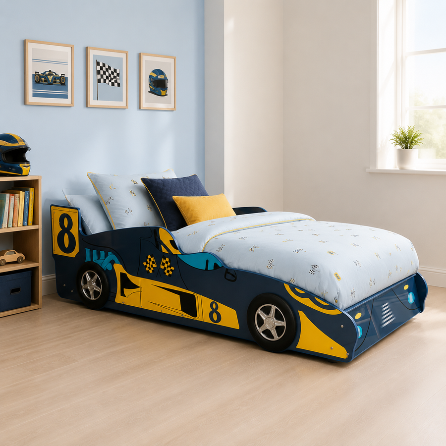 Blue Kids Racing Car Bed with Storage Shelf - Premier Kids