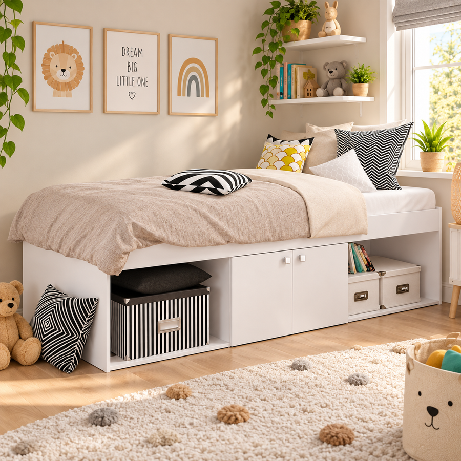 White Low Single Cabin Bed with Storage - Kidsaw