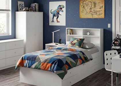 Cool Kid Single Bed (Low) with Headboard and 4 Drawers - Pure White
