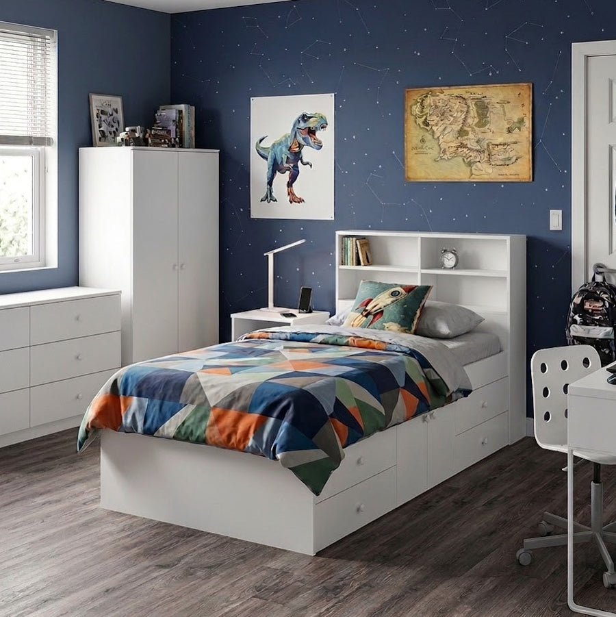 Cool Kid Single Bed (Low) with Headboard and 4 Drawers - Pure White