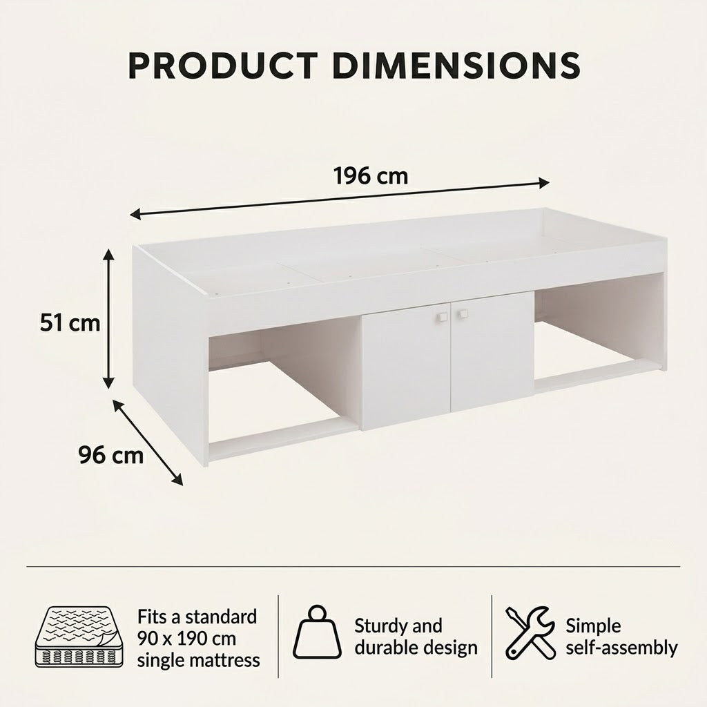 White Low Single Cabin Bed with Storage - Kidsaw