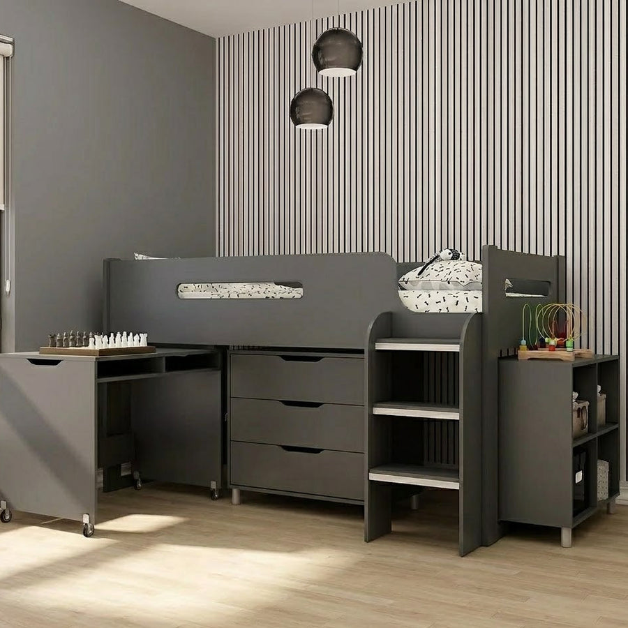 Anthracite Kids Mid Sleeper Bed with Desk and Storage - Kidsaw