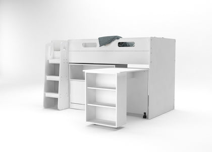 White Kids Mid Sleeper Bed with Desk and Cupboard - Kidsaw