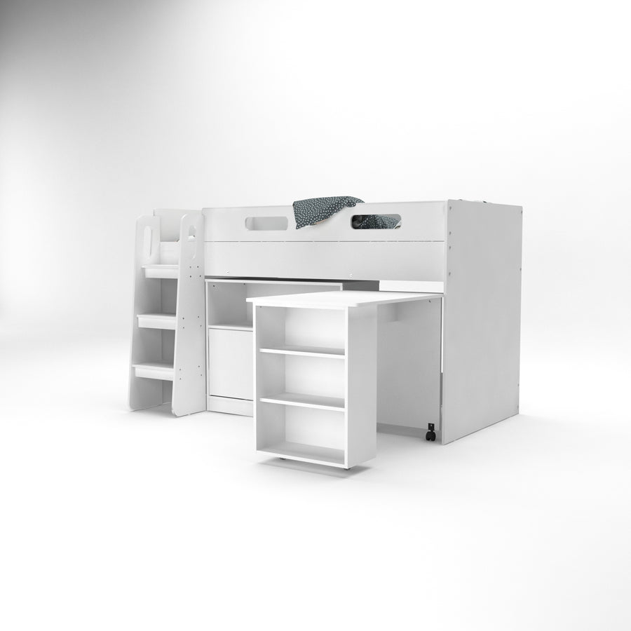 White Kids Mid Sleeper Bed with Desk and Cupboard - Kidsaw