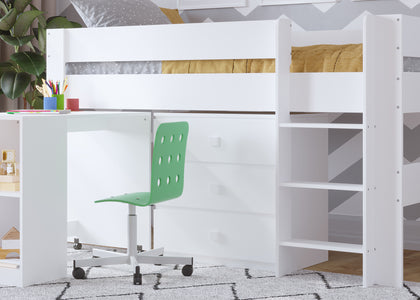 White Kids Mid Sleeper Bed with Desk and Drawers - Kidsaw