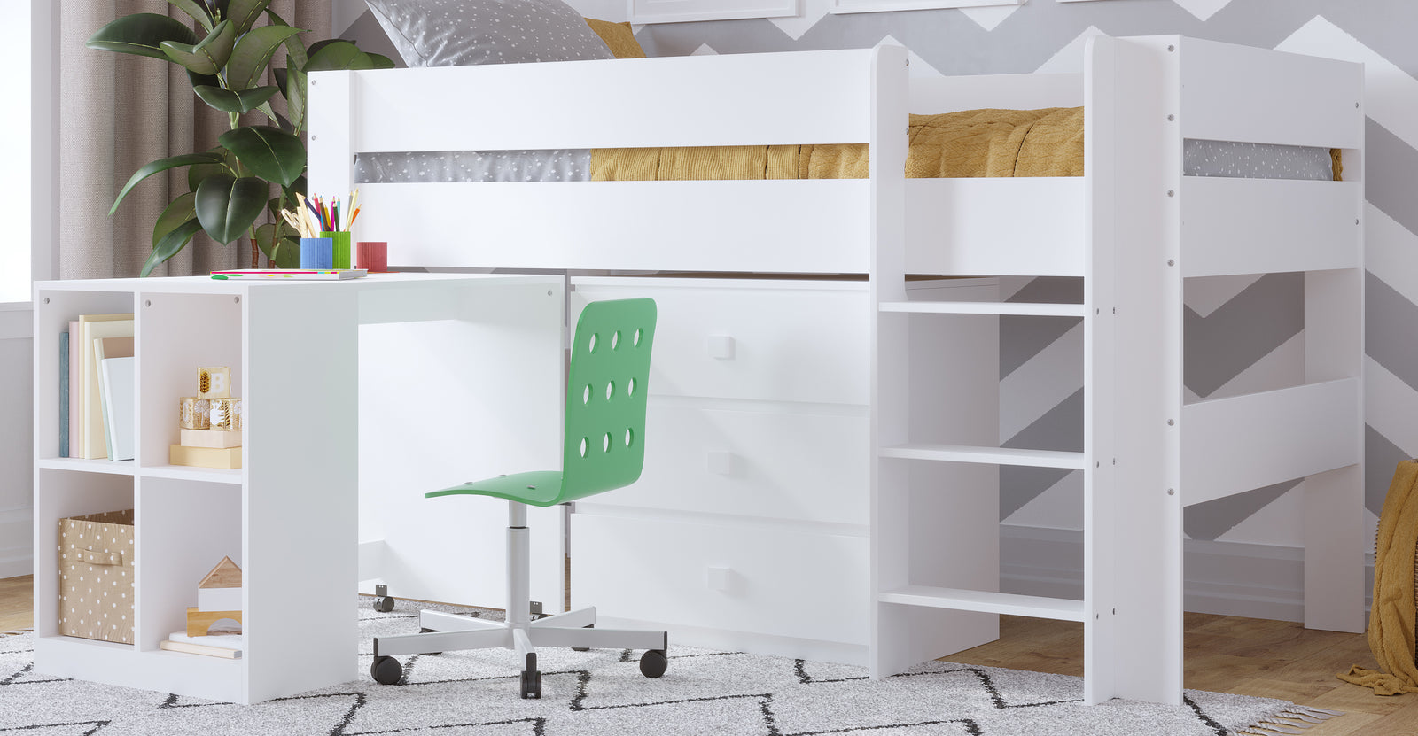 White mid sleeper bed with desk and drawers available with Klarna