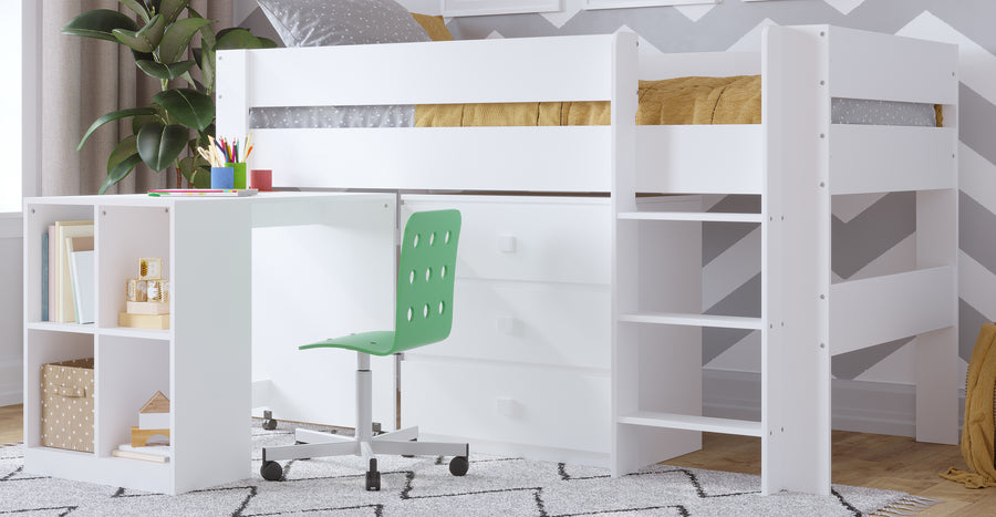 White Kids Mid Sleeper Bed with Desk and Drawers - Kidsaw