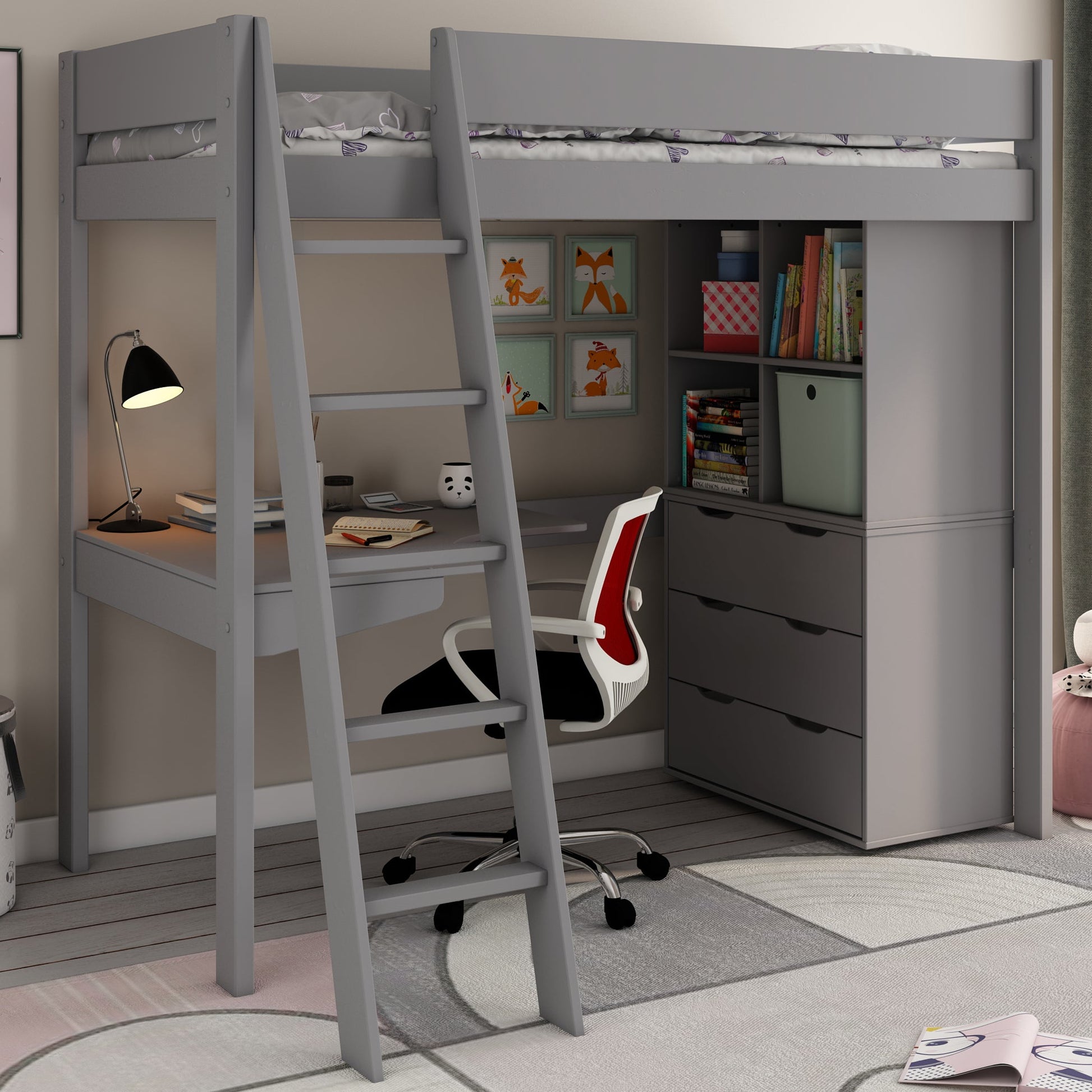 Loft Bed 3 Bed Featuring Storage and Desk Kids Avenue Estella Grey
