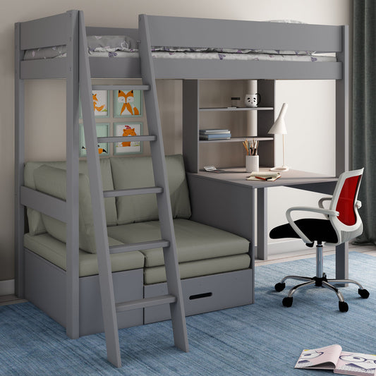 Loft Bed Bed Featuring Desk, Shelf and Corner Sofa-Bed Kids Avenue Estella Grey