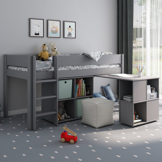 Mid Sleeper Bed Featuring Shelves and Pull Out Desk Kids Avenue Estella Grey