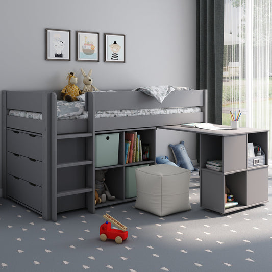 Mid Sleeper Bed Featuring Shelves, Drawers and Pull Out Desk Kids Avenue Estella Grey
