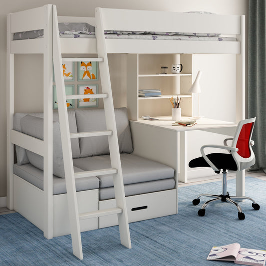 Loft Bed Bed Featuring Desk, Shelf and Corner Sofa-Bed Kids Avenue Estella White