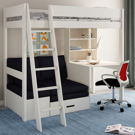 Loft Bed Bed Featuring Desk, Shelf and Corner Sofa-Bed Kids Avenue Estella White