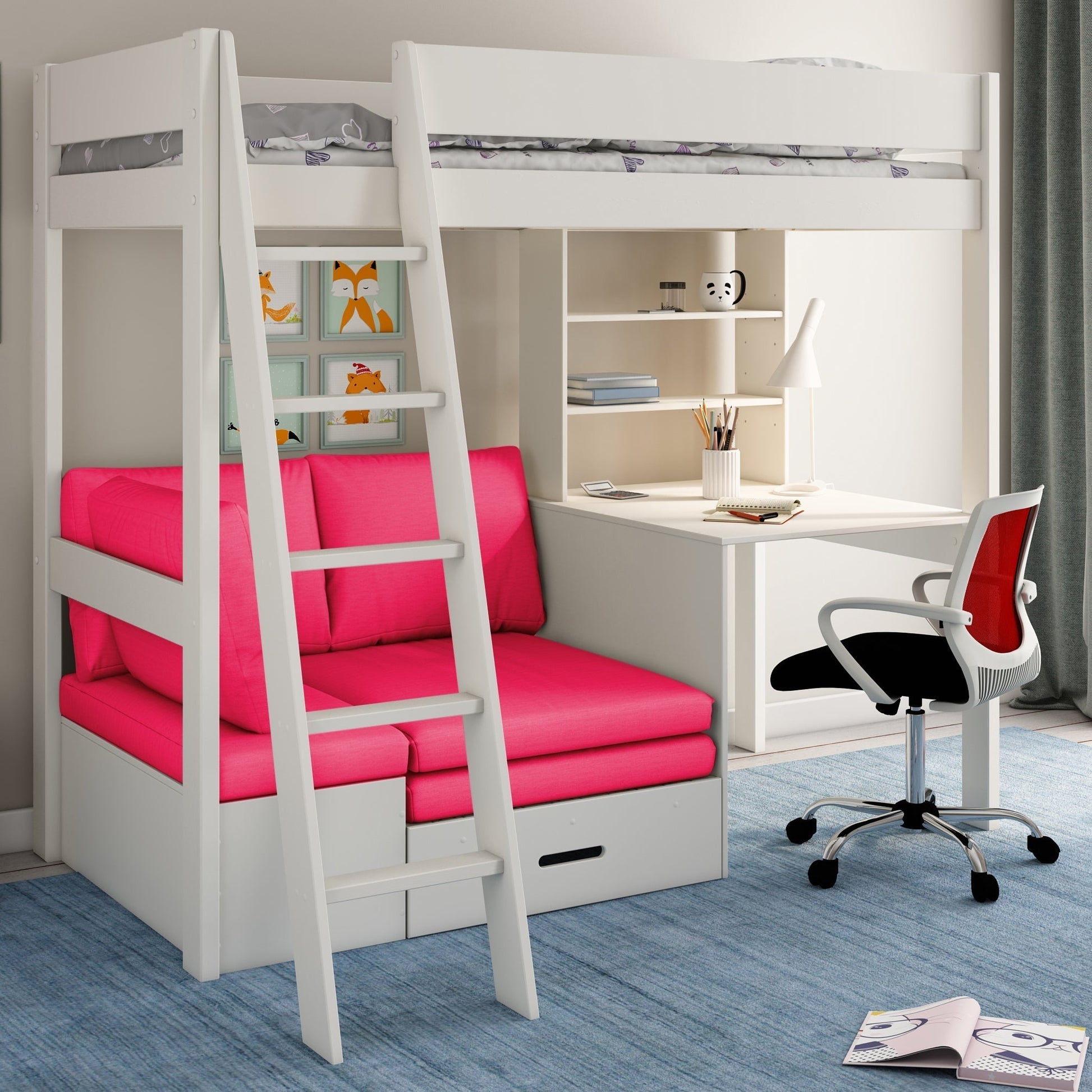 Loft Bed Bed Featuring Desk, Shelf and Corner Sofa-Bed Kids Avenue Estella White