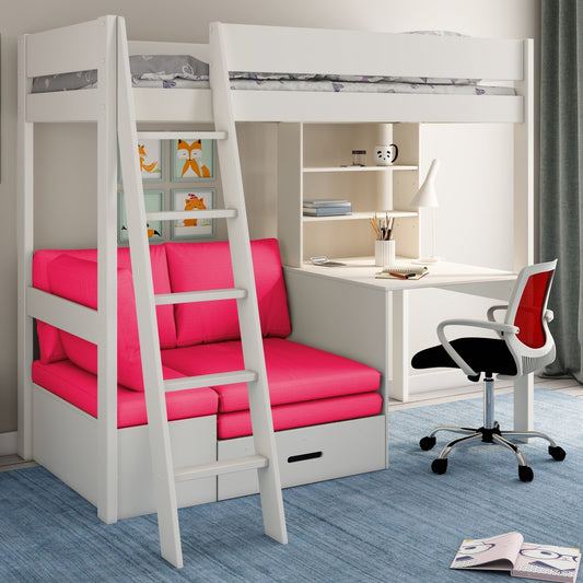 Loft Bed Bed Featuring Desk, Shelf and Corner Sofa-Bed Kids Avenue Estella White