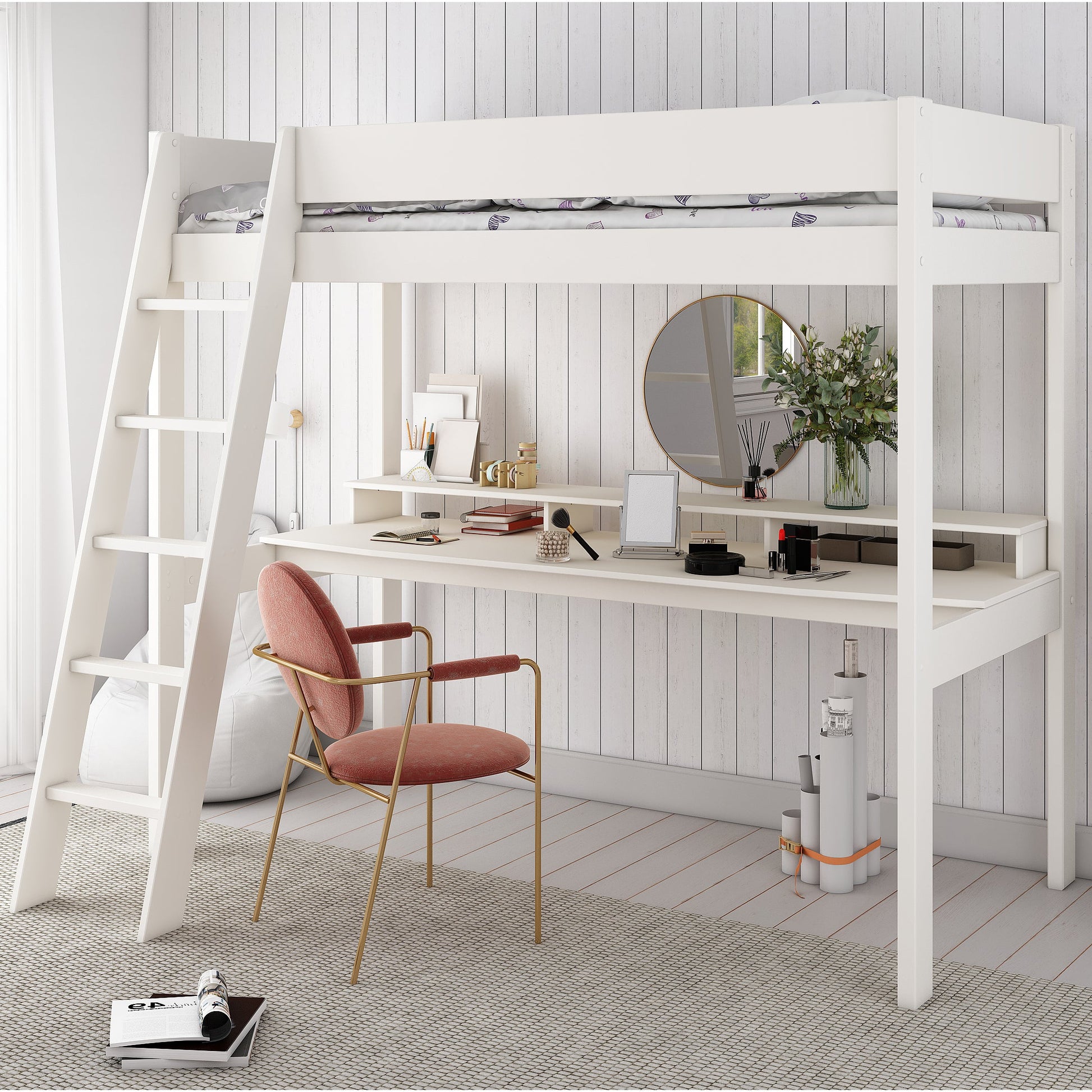 Loft Bed Bed Featuring 2M Wide Desk and Shelf - Kids Avenue Estella White