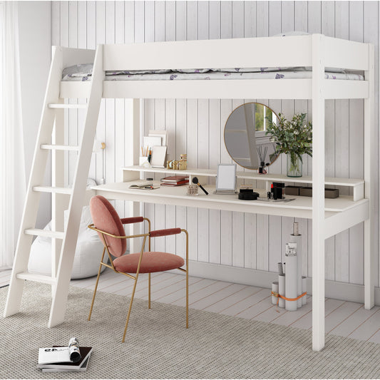 Loft Bed Bed Featuring 2M Wide Desk and Shelf - Kids Avenue Estella White