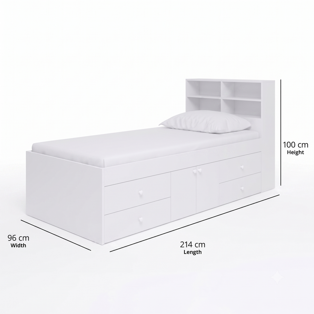 Cool Kid Single Bed (Low) with Headboard and 4 Drawers - Pure White Dimensions
