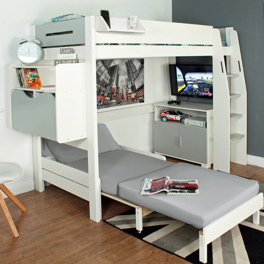 White and Grey Loft Bed 2 featuring Sofa-Bed, Bookcase/Desk and Cupboard - Kids Avenue Urban