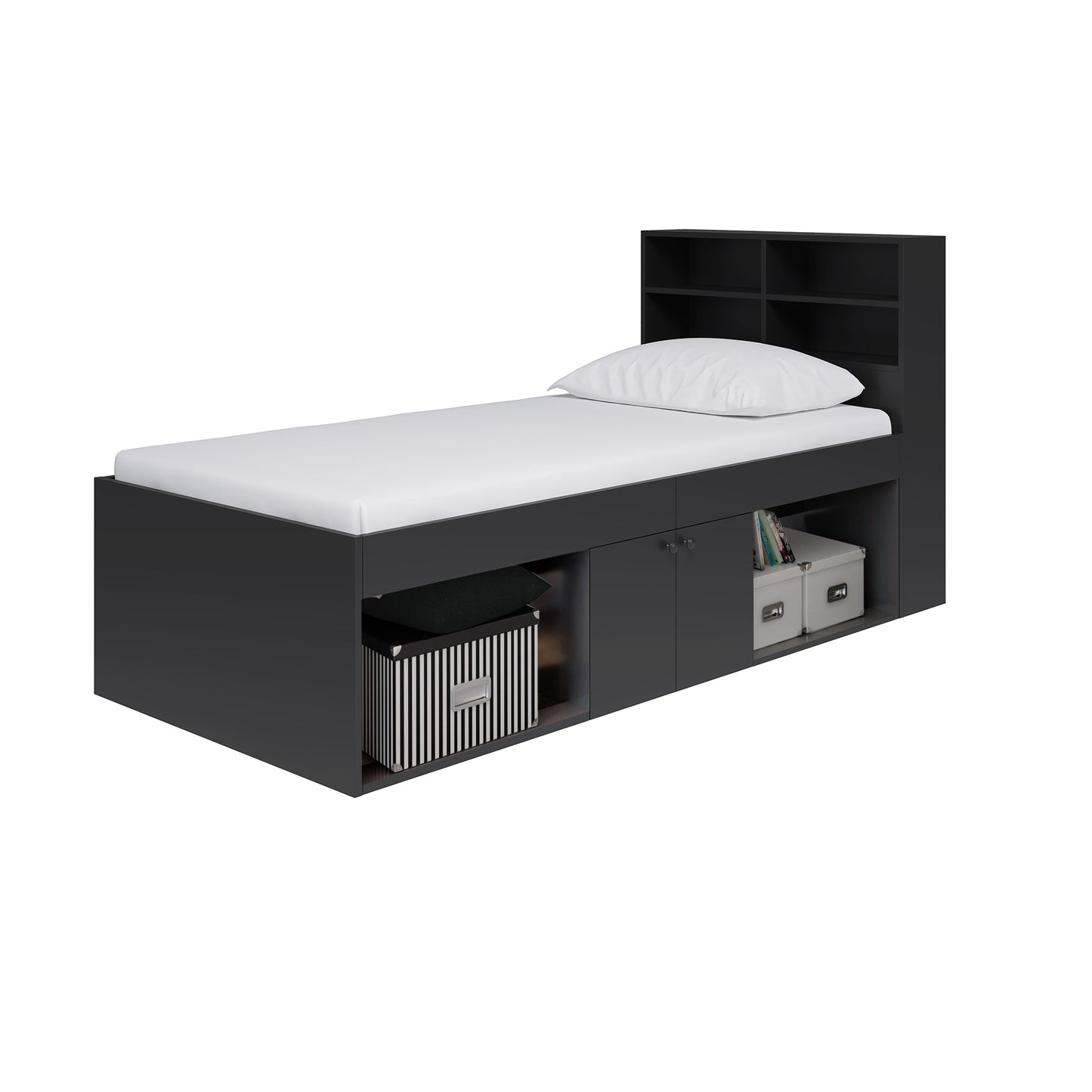 Low Single 3ft Cabin Bed with bookcase headboard Black