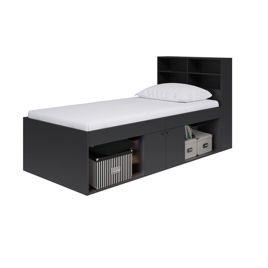 Black Low Single 3ft Cabin Bed with Bookcase Headboard - Kidsaw