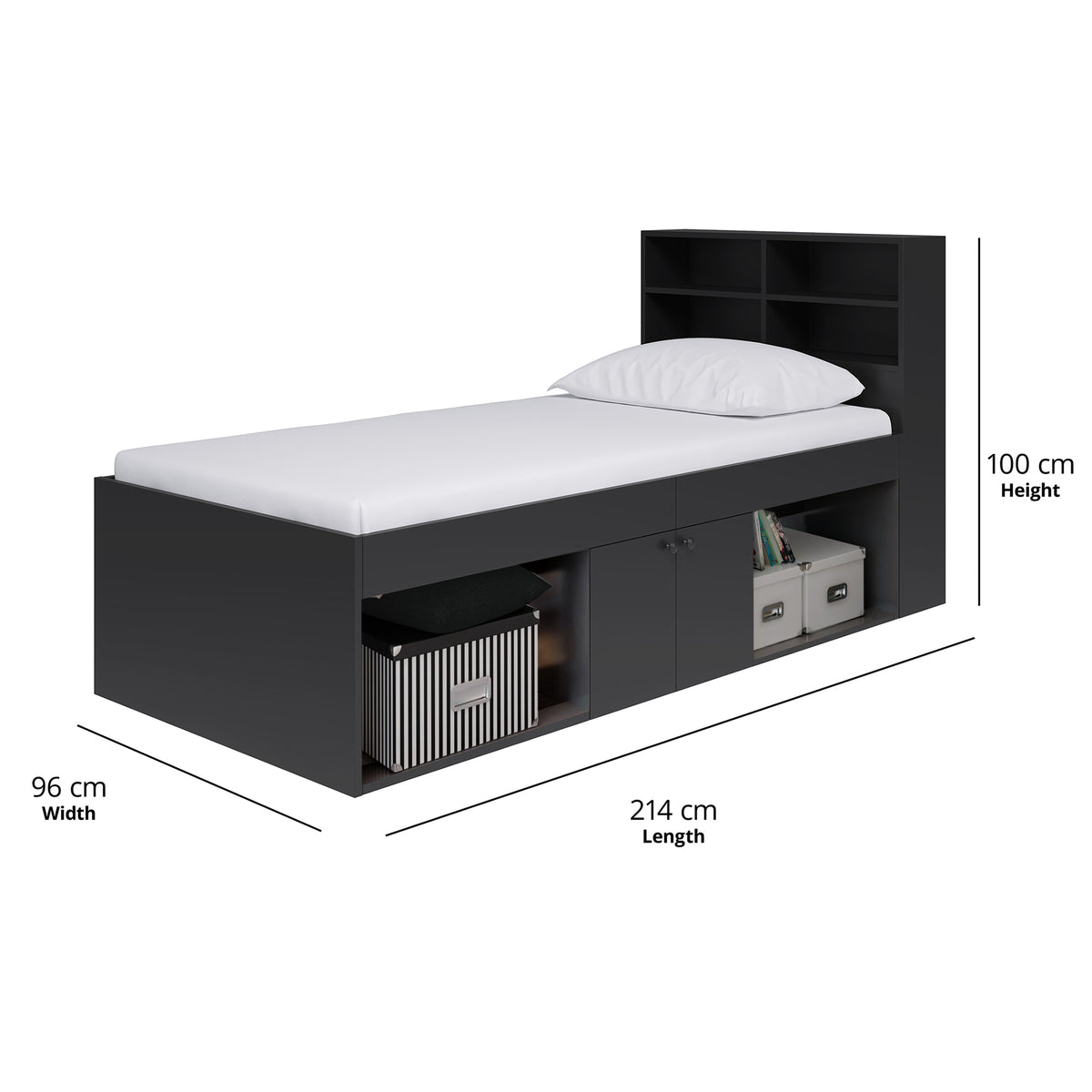 Black Low Single 3ft Cabin Bed with Bookcase Headboard - Kidsaw