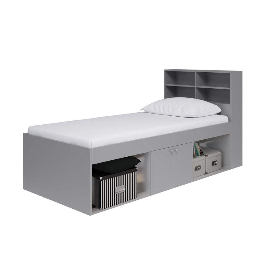 Grey Low Single 3ft Cabin Bed with Bookcase Headboard - Kidsaw