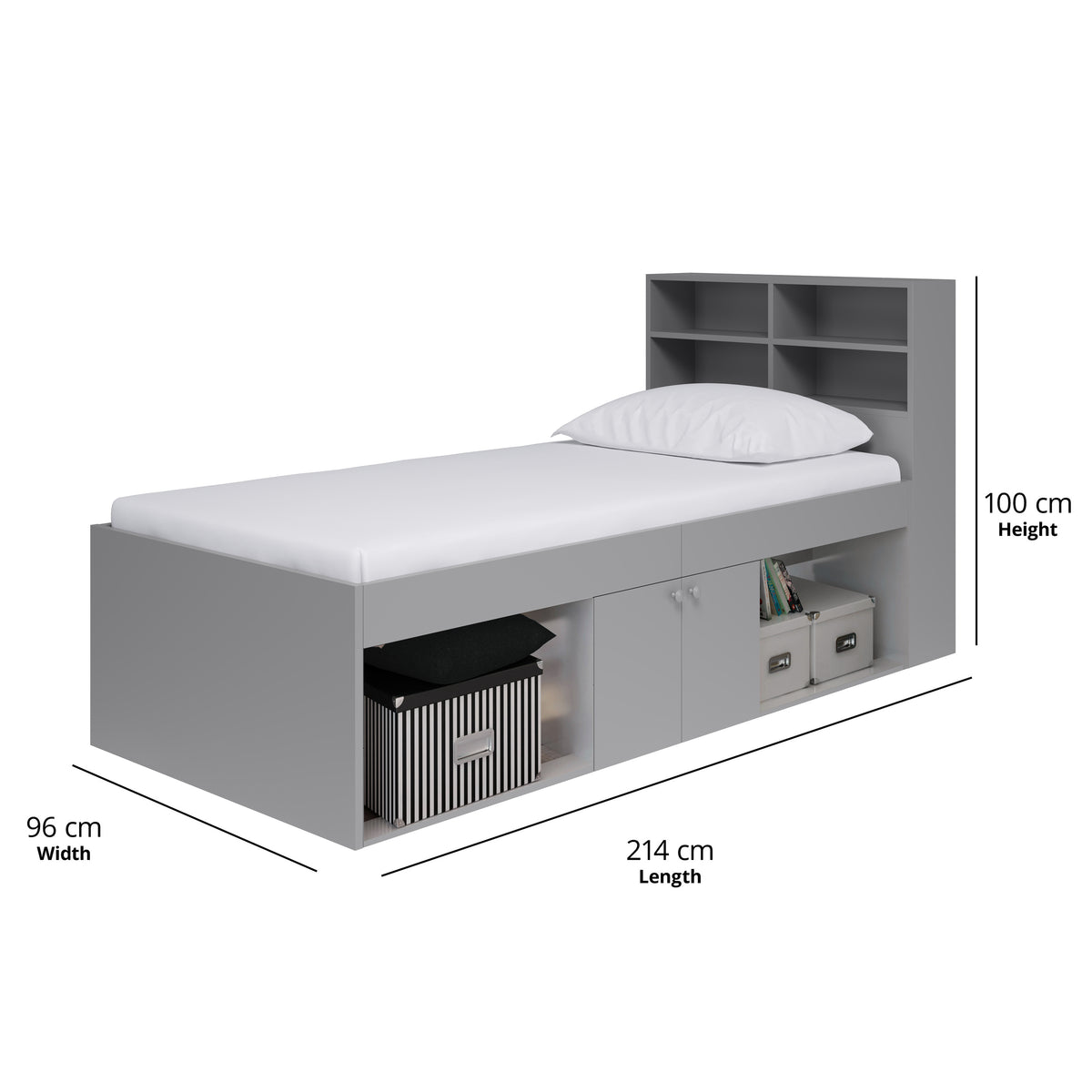 Grey Low Single 3ft Cabin Bed with Bookcase Headboard - Kidsaw