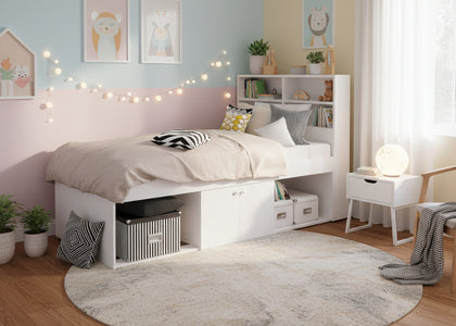 Cool Kid Single Bed (Low) with Headboard and Storage - Pure White