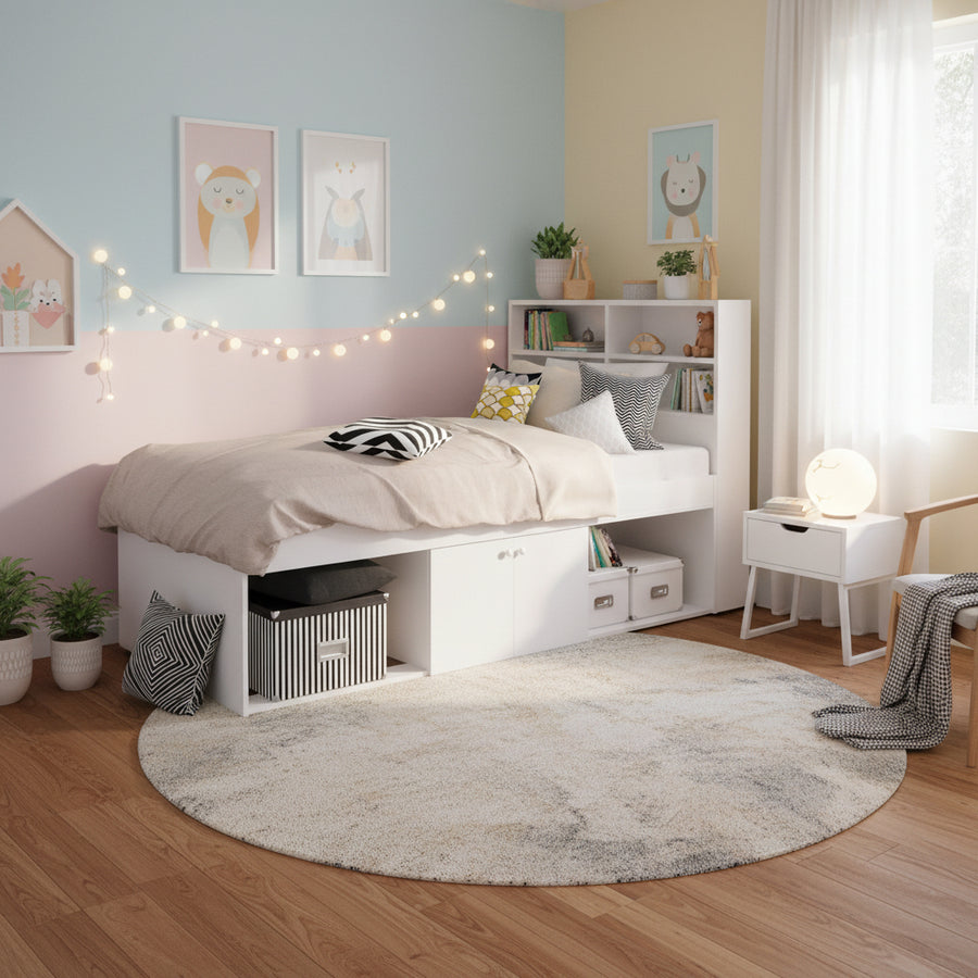 Cool Kid Single Bed (Low) with Headboard and Storage - Pure White