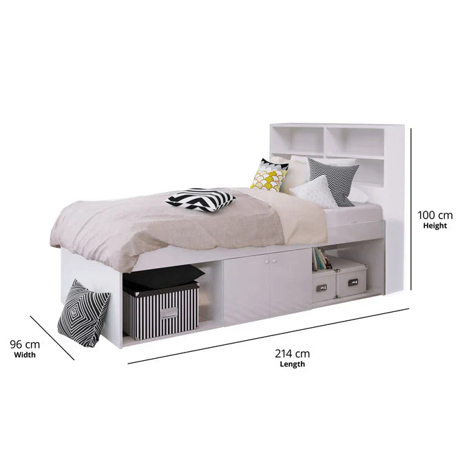 Cool Kid Single Bed (Low) with Headboard and Storage - Pure White Dimensions