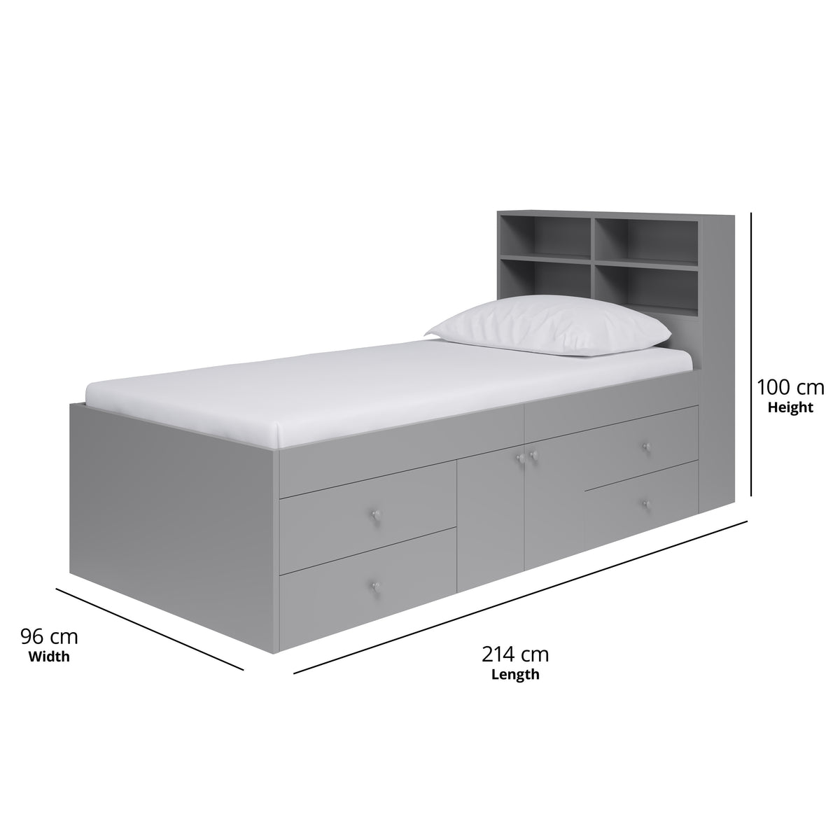 Grey Single 3ft Cabin Bed with Bookcase Headboard - Kidsaw