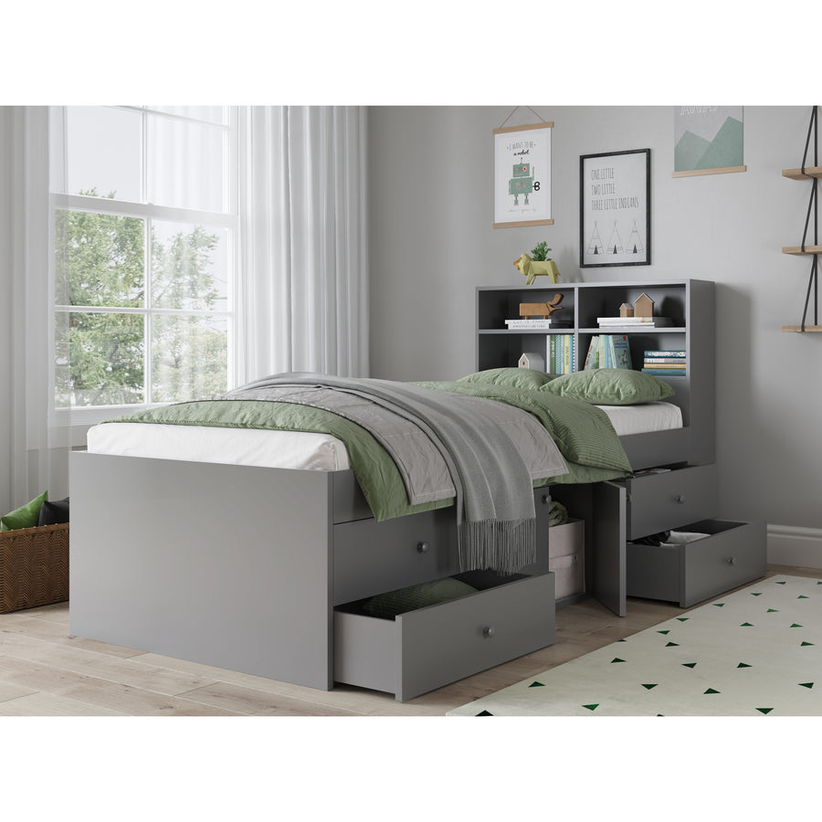 Grey Single 3ft Cabin Bed with Bookcase Headboard - Kidsaw