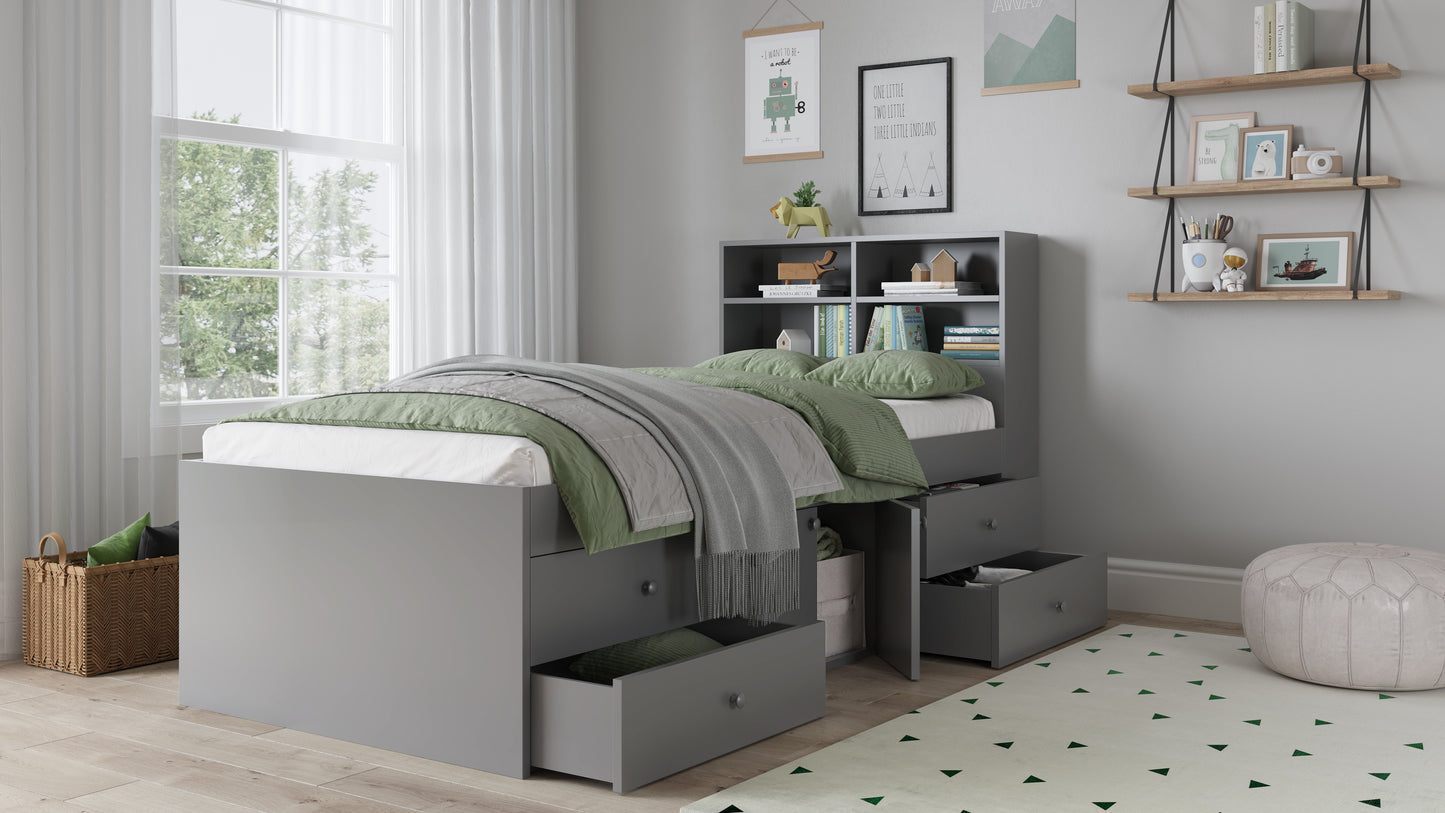 Captain's Single 3ft Cabin Bed with bookcase headboard Grey