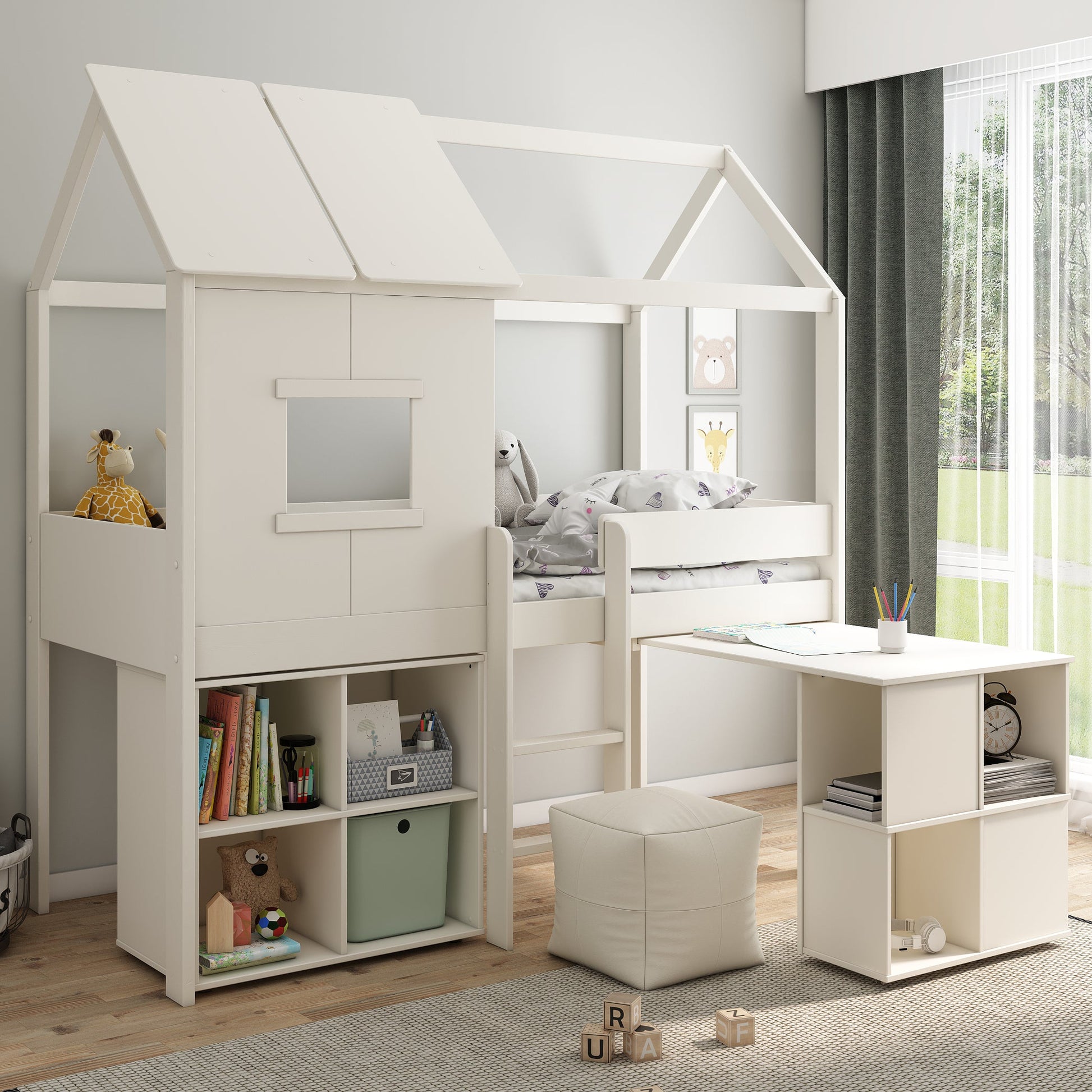 Mid-Height Playhouse Bed Featuring Desk and Cube Unit - Kids Avenue