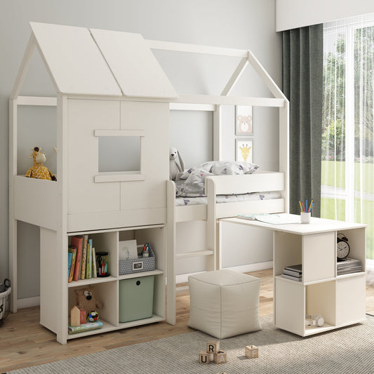 Mid-Height Playhouse Bed Featuring Desk and Cube Unit - Kids Avenue