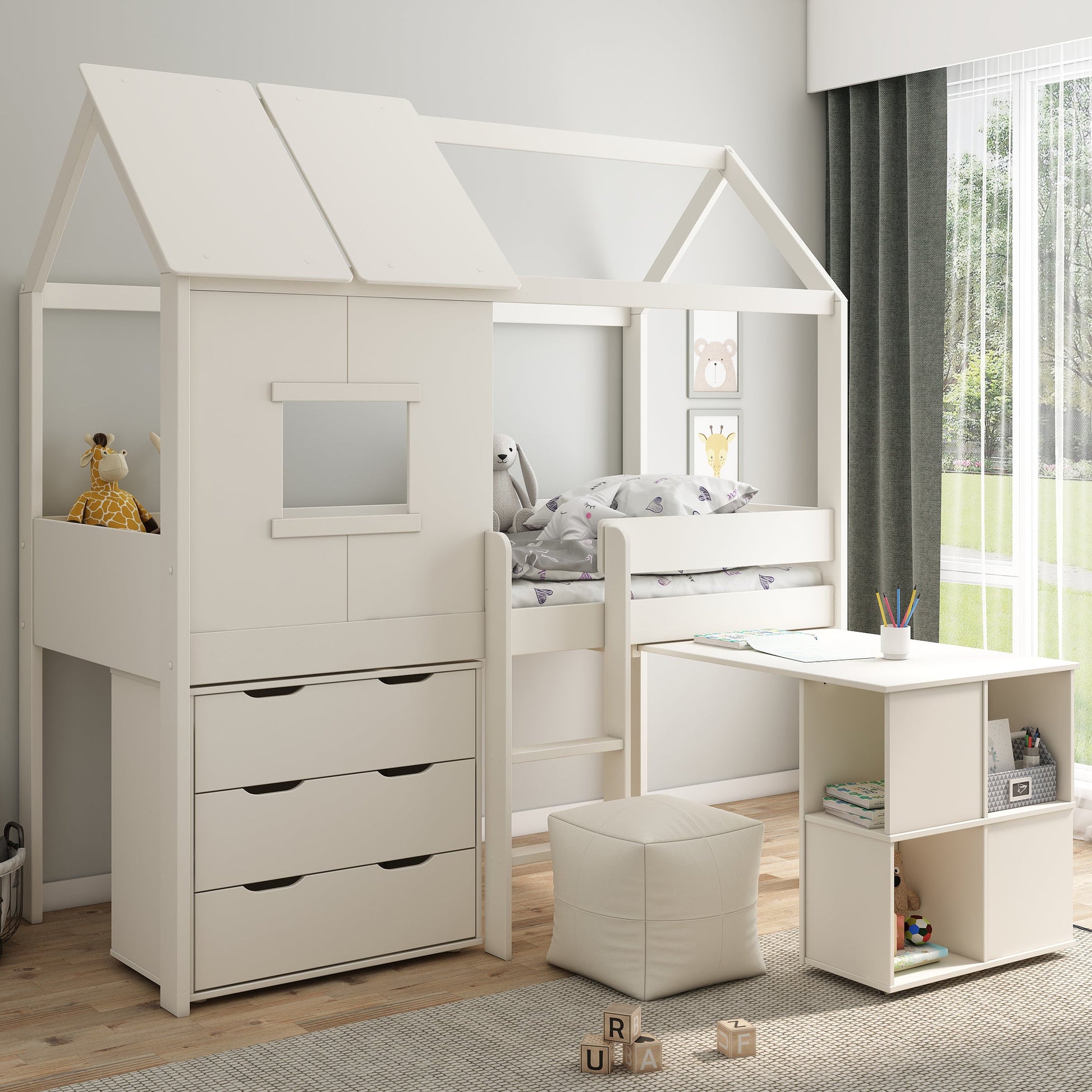 Mid-Height Playhouse Bed Featuring Desk and Chest of Drawers Kids Avenue