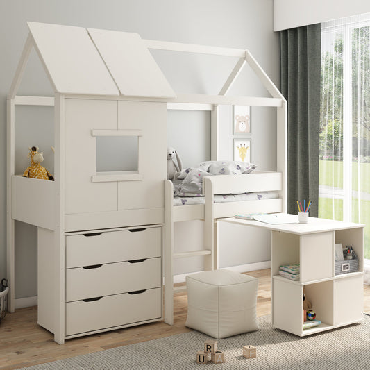 Mid-Height Playhouse Bed Featuring Desk and Chest of Drawers Kids Avenue