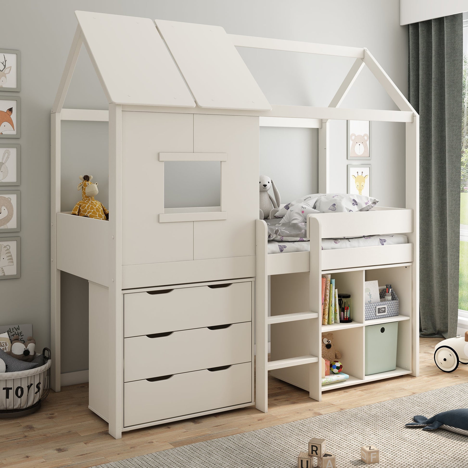 Mid-Height Playhouse Bed Featuring Storage Cube and Chest of Drawers - Kids Avenue