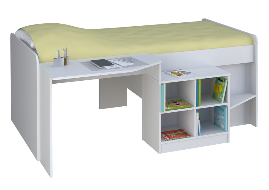 White Kids Cabin Bed with Desk and Bookcase - Kidsaw
