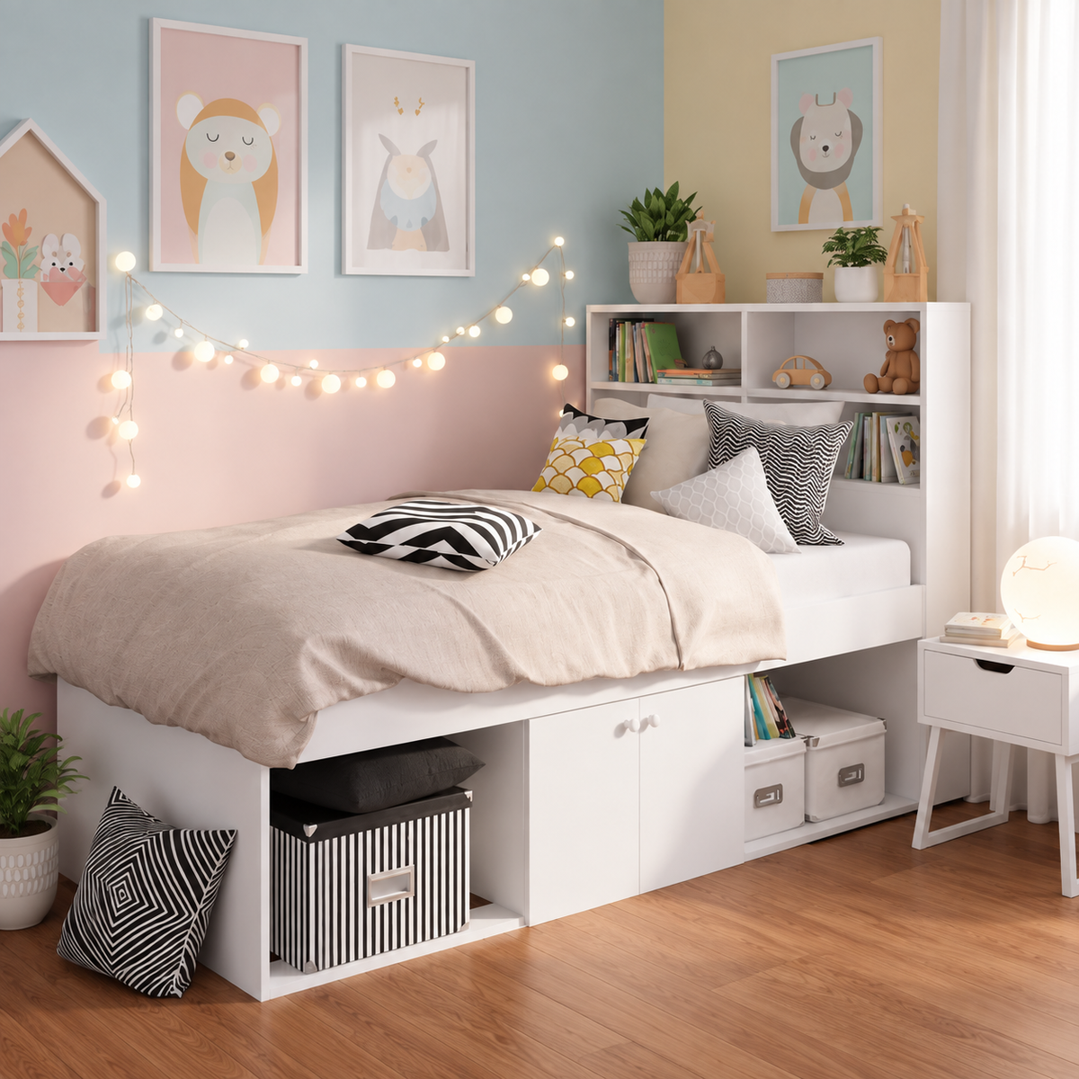 Cool Kid Single Bed (Low) with Headboard and Storage - Pure White